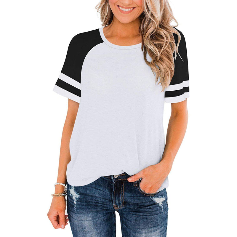 Womens Short Sleeve Shirts Crew Neck Color Block Women's Clothing White S - DailySale
