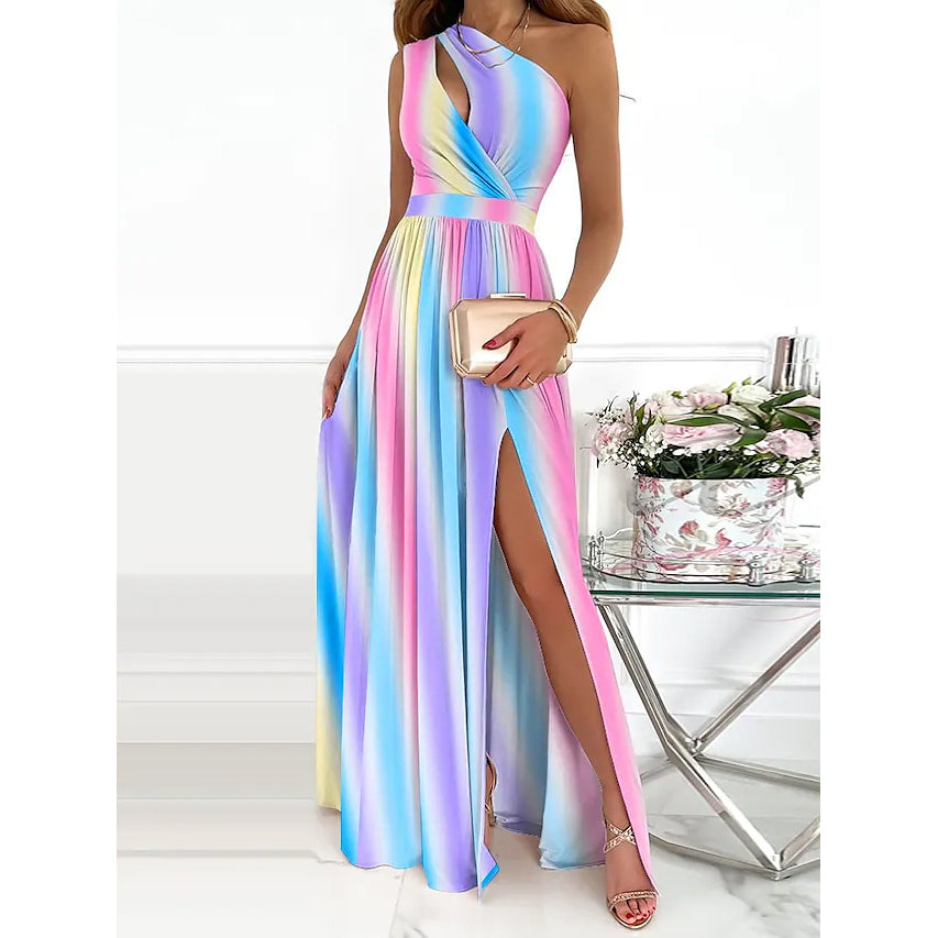 Women's Sleeveless One Shoulder Elegant Dress Women's Dresses Rainbow S - DailySale