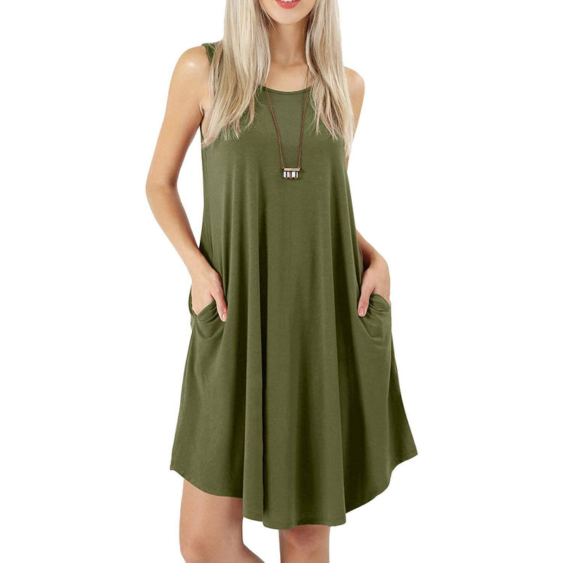Women's Sleeveless Pockets Casual Swing T-Shirt Short Dresses Women's Clothing Army Green S - DailySale