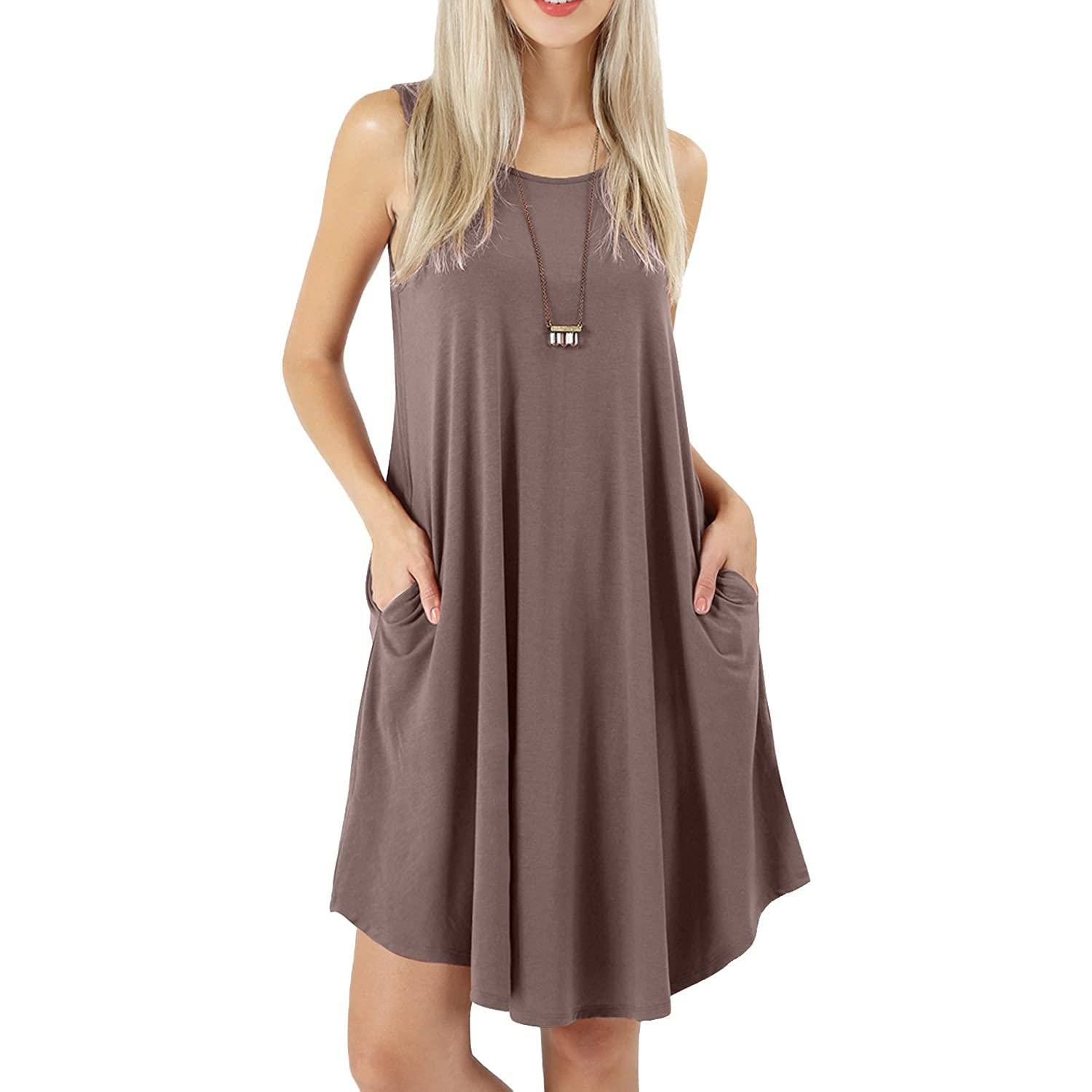 Women's Sleeveless Pockets Casual Swing T-Shirt Short Dresses Women's Clothing Khaki S - DailySale