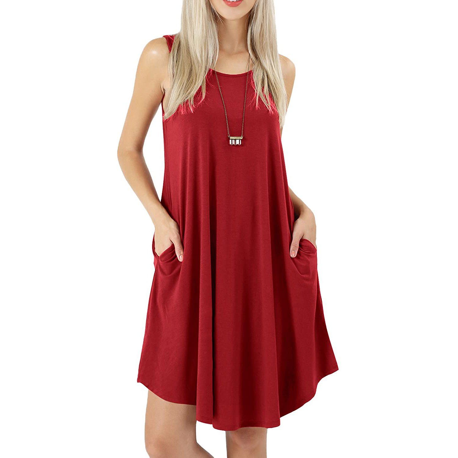 Women's Sleeveless Pockets Casual Swing T-Shirt Short Dresses Women's Clothing Wine S - DailySale