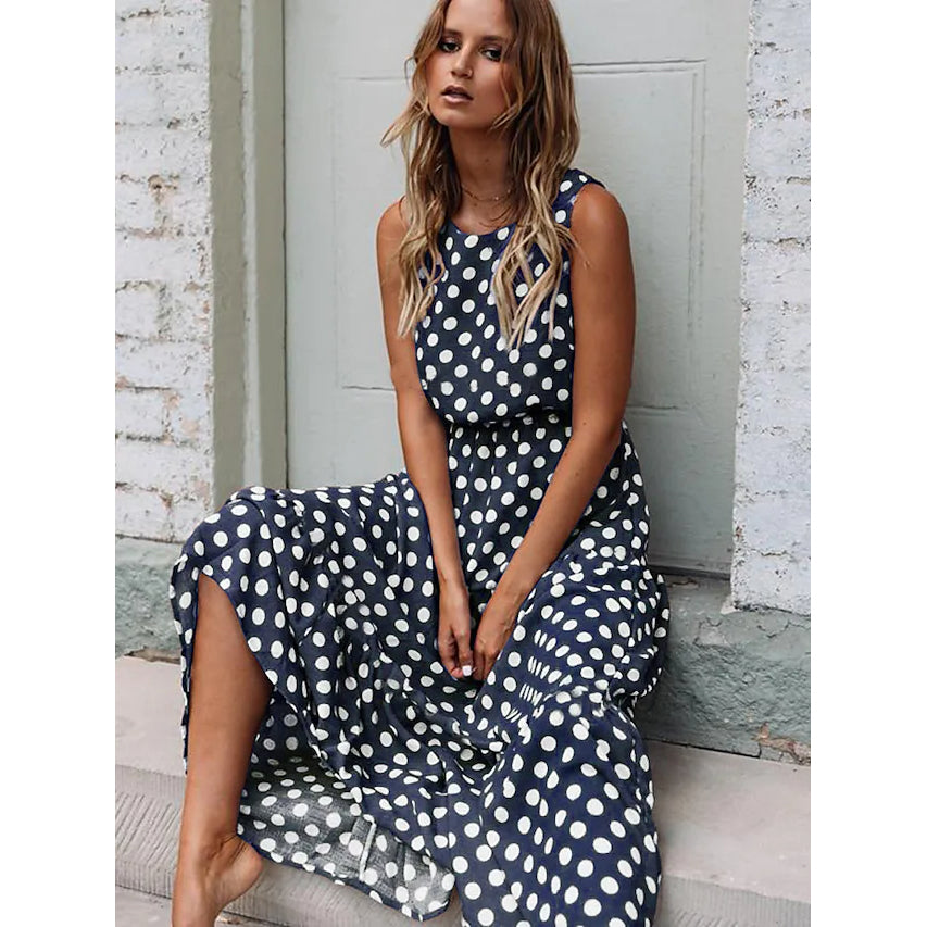 Women's Sleeveless Polka Dot Long Dress Women's Dresses Navy Blue S - DailySale