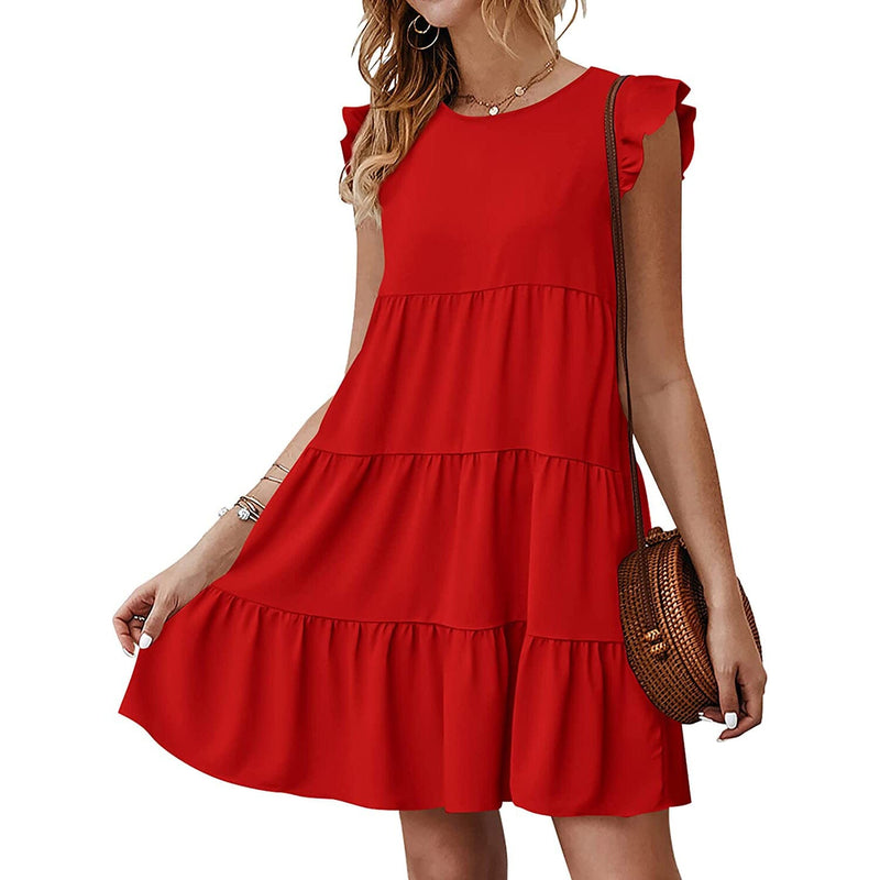 Women's Sleeveless Ruffle Sleeve Summer Dress Women's Dresses Red S - DailySale