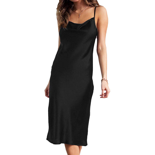Women's Sleeveless Spaghetti Strap Satin Dress Women's Dresses Black S - DailySale