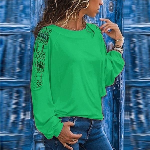 Womens Solid Color Hollow Out Pullovers Loose T-shirts Women's Tops Green S - DailySale