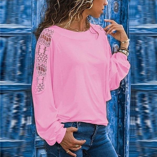 Womens Solid Color Hollow Out Pullovers Loose T-shirts Women's Tops Pink S - DailySale