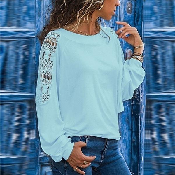 Womens Solid Color Hollow Out Pullovers Loose T-shirts Women's Tops Sky Blue S - DailySale