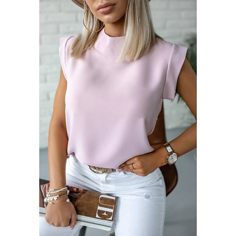 Women's Solid Color Patchwork Stand Collar Top Women's Tops Pink S - DailySale