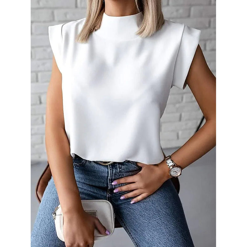 Women's Solid Color Patchwork Stand Collar Top Women's Tops White S - DailySale