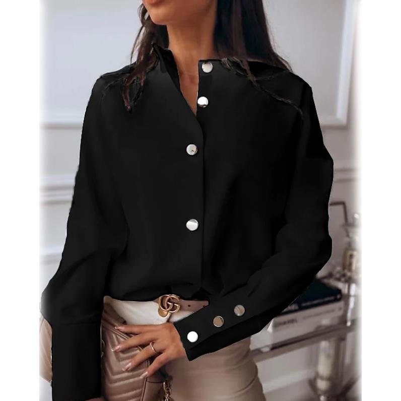 Women's Solid Colored Long Sleeve Button Standing Collar Basic Tops Women's Tops Black S - DailySale
