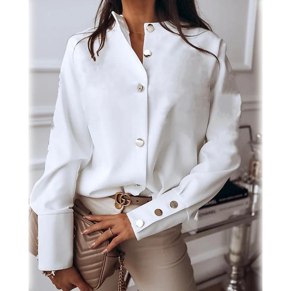Women's Solid Colored Long Sleeve Button Standing Collar Basic Tops Women's Tops White S - DailySale