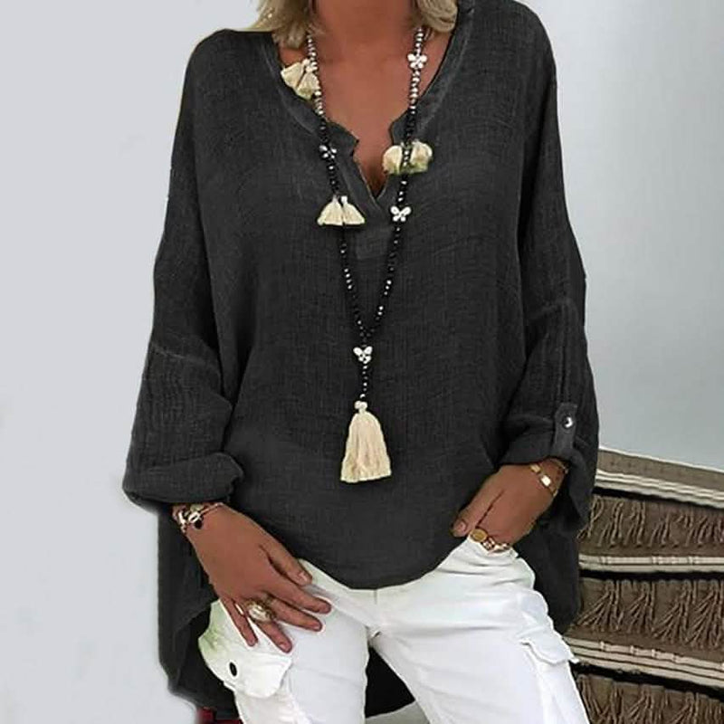 Women's Solid Colored Long Sleeve Button V Neck Basic Top Women's Tops Black S - DailySale