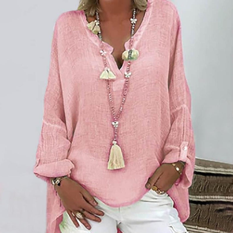 Women's Solid Colored Long Sleeve Button V Neck Basic Top Women's Tops Pink S - DailySale