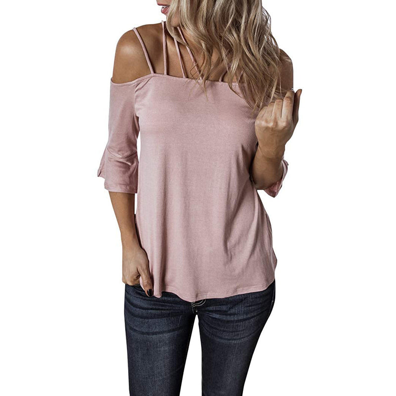 Womens Spaghetti Straps Cold Shoulder Shirts Women's Tops Light Pink S - DailySale