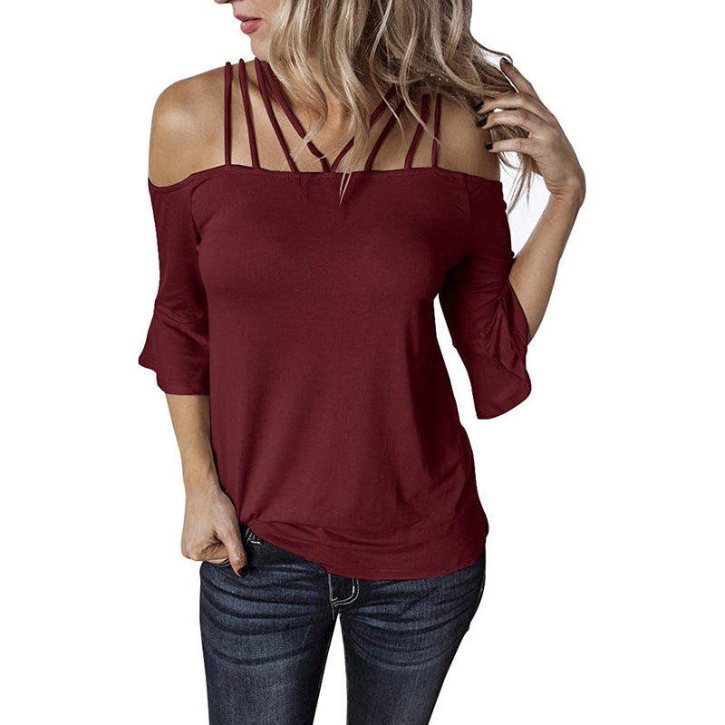 Womens Spaghetti Straps Cold Shoulder Shirts Women's Tops Wine Red S - DailySale