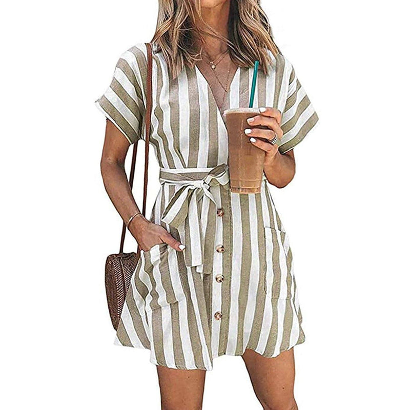 Womens Stripe Short Sleeve Wrap V Neck Button Front Tie Belted Dress Women's Clothing Apricot S - DailySale