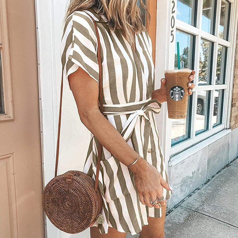 Womens Stripe Short Sleeve Wrap V Neck Button Front Tie Belted Dress Women's Clothing - DailySale