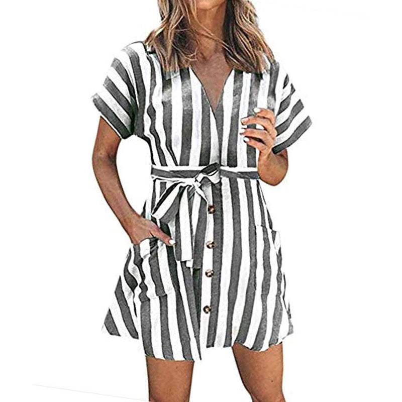 Womens Stripe Short Sleeve Wrap V Neck Button Front Tie Belted Dress Women's Clothing Gray S - DailySale