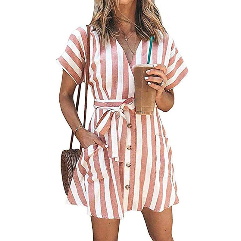 Womens Stripe Short Sleeve Wrap V Neck Button Front Tie Belted Dress Women's Clothing Pink S - DailySale