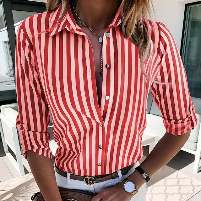 Women's Striped Collar Basic Top Women's Tops Red S - DailySale