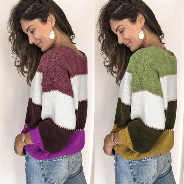 Women's Striped Patchwork Streetwear Loose Knitted Pullovers Tops Women's Tops - DailySale