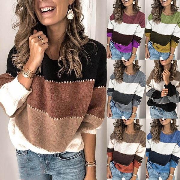 Women's Striped Patchwork Streetwear Loose Knitted Pullovers Tops Women's Tops - DailySale