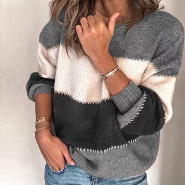 Women's Striped Patchwork Streetwear Loose Knitted Pullovers Tops Women's Tops Gray S - DailySale