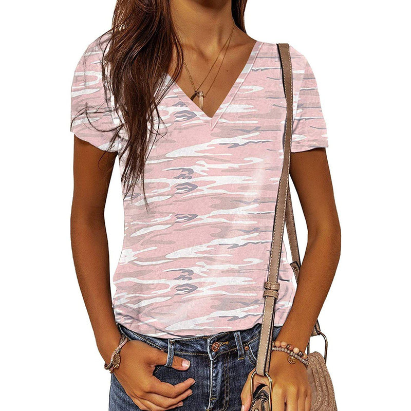 Women's Summer Camo V Neck Short Sleeve Tee Shirts Casual Loose Blouse Tops Women's Clothing Pink S - DailySale