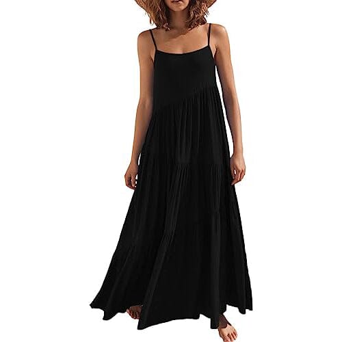 Women’s Summer Casual Loose Sleeveless Spaghetti Strap Asymmetric Tiered Beach Maxi Long Dress Women's Dresses Black S - DailySale