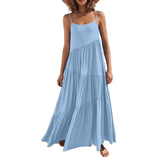 Women’s Summer Casual Loose Sleeveless Spaghetti Strap Asymmetric Tiered Beach Maxi Long Dress Women's Dresses Blue S - DailySale