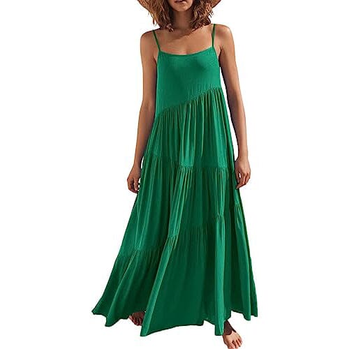Women’s Summer Casual Loose Sleeveless Spaghetti Strap Asymmetric Tiered Beach Maxi Long Dress Women's Dresses Green S - DailySale