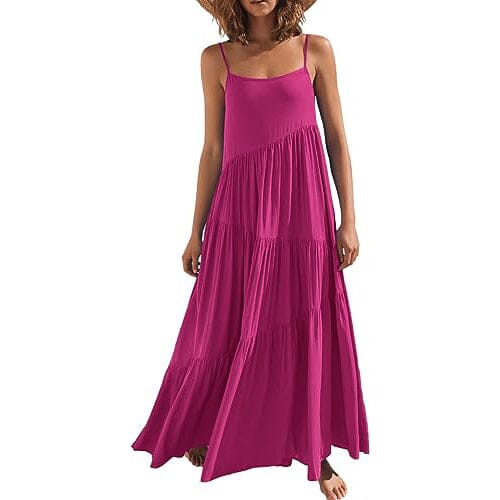 Women’s Summer Casual Loose Sleeveless Spaghetti Strap Asymmetric Tiered Beach Maxi Long Dress Women's Dresses Rose S - DailySale