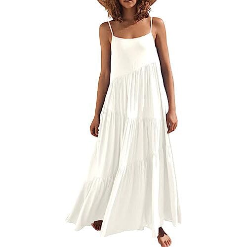 Women’s Summer Casual Loose Sleeveless Spaghetti Strap Asymmetric Tiered Beach Maxi Long Dress Women's Dresses White S - DailySale