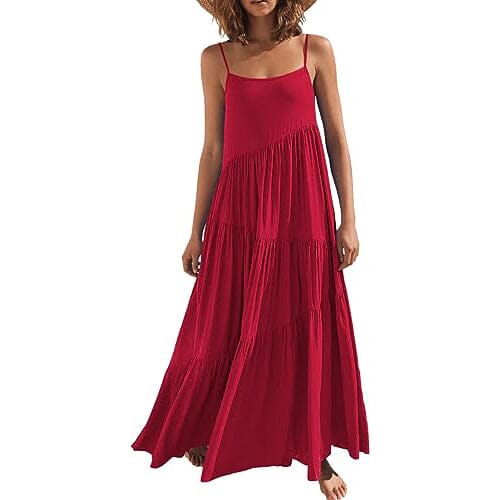 Women’s Summer Casual Loose Sleeveless Spaghetti Strap Asymmetric Tiered Beach Maxi Long Dress Women's Dresses Wine S - DailySale