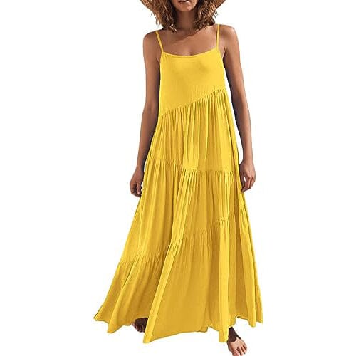 Women’s Summer Casual Loose Sleeveless Spaghetti Strap Asymmetric Tiered Beach Maxi Long Dress Women's Dresses Yellow S - DailySale