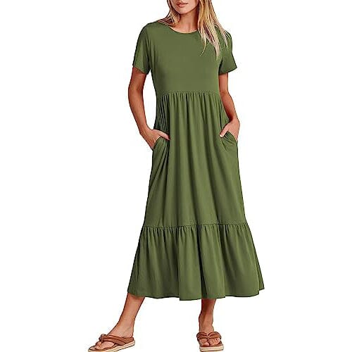 Women's Summer Casual Short Sleeve Crewneck Swing Dress Women's Dresses Army Green S - DailySale