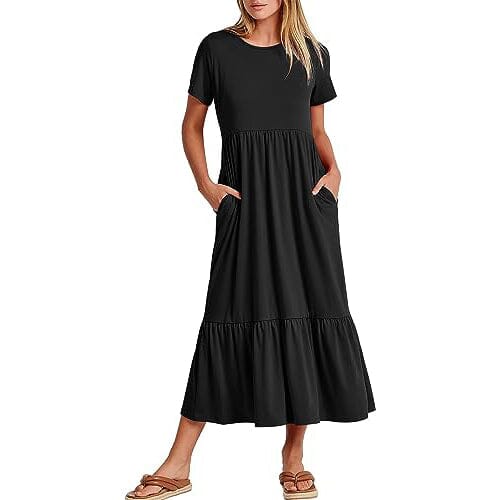 Women's Summer Casual Short Sleeve Crewneck Swing Dress Women's Dresses Black S - DailySale