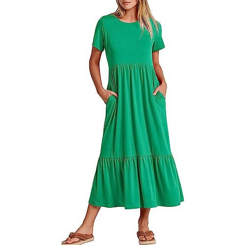 Women's Summer Casual Short Sleeve Crewneck Swing Dress Women's Dresses Grass S - DailySale