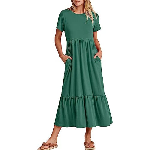 Women's Summer Casual Short Sleeve Crewneck Swing Dress Women's Dresses Green S - DailySale