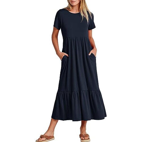 Women's Summer Casual Short Sleeve Crewneck Swing Dress Women's Dresses Navy S - DailySale