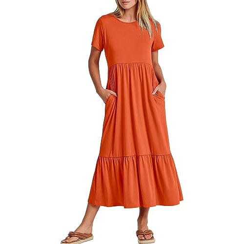 Women's Summer Casual Short Sleeve Crewneck Swing Dress Women's Dresses Orange S - DailySale