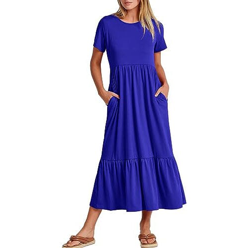 Women's Summer Casual Short Sleeve Crewneck Swing Dress Women's Dresses Royal Blue S - DailySale