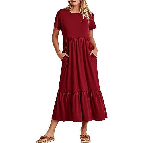 Women's Summer Casual Short Sleeve Crewneck Swing Dress Women's Dresses Wine S - DailySale