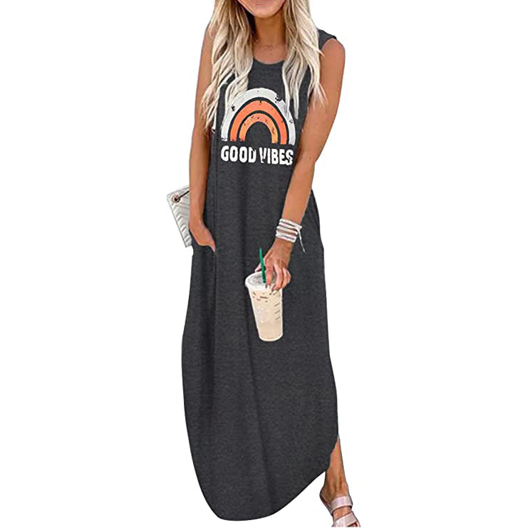 Women's Summer Hawaiian Good Vibes Beach Casual Dress Women's Dresses Dark Gray S - DailySale