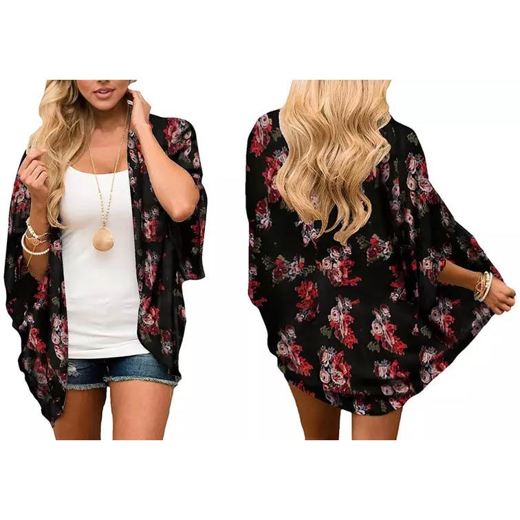 Women's Summer Kimono Cardigan Cover Up in Leopard and Floral Women's Clothing Black S - DailySale
