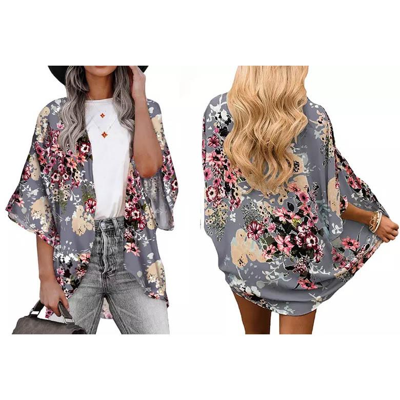 Women's Summer Kimono Cardigan Cover Up in Leopard and Floral Women's Clothing Gray S - DailySale