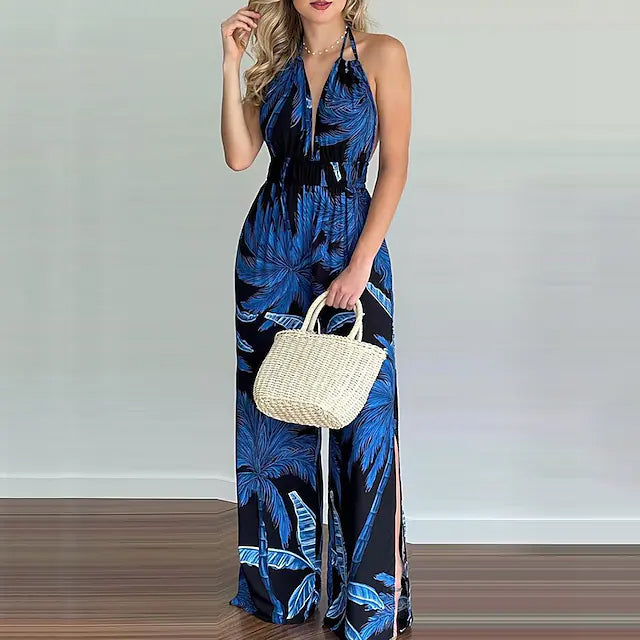 Women's Summer New Digital Printing Colorful Slit Jumpsuit Women's Dresses Blue S - DailySale