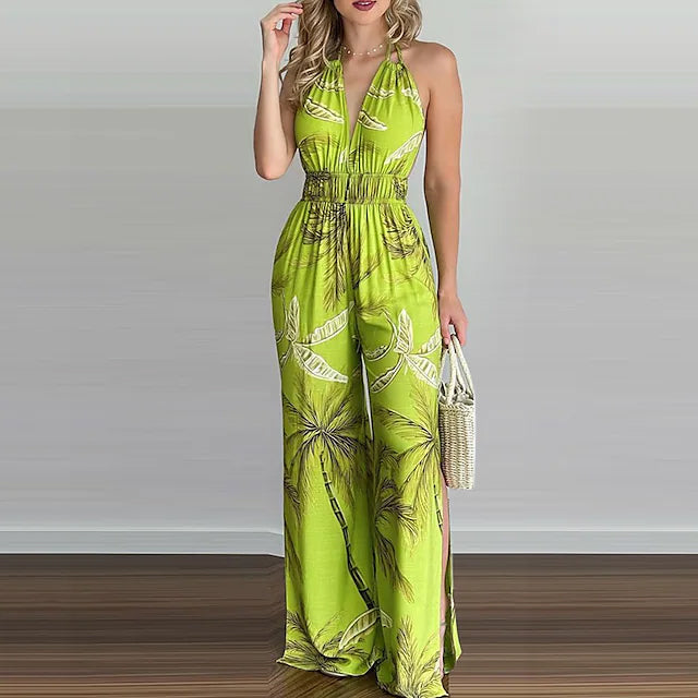 Women's Summer New Digital Printing Colorful Slit Jumpsuit Women's Dresses Green S - DailySale