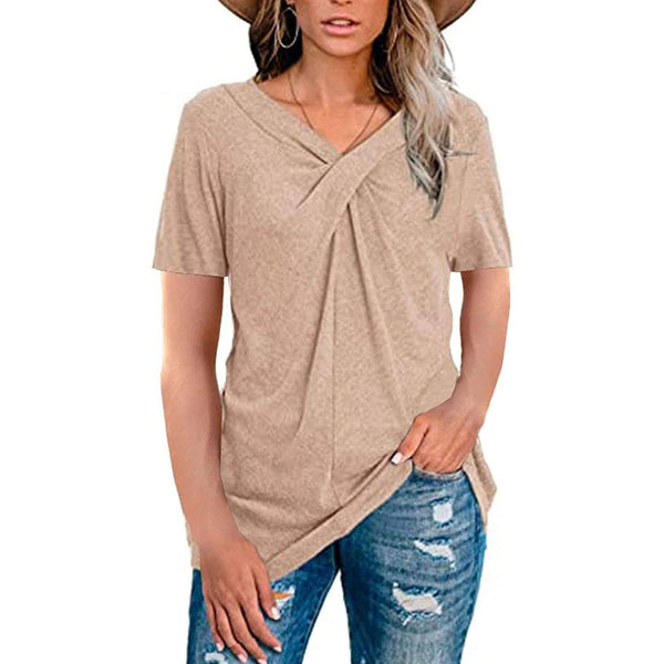 Women's Summer Shirts V Neck Short Sleeve Tops Cross Knot Women's Clothing Apricot S - DailySale