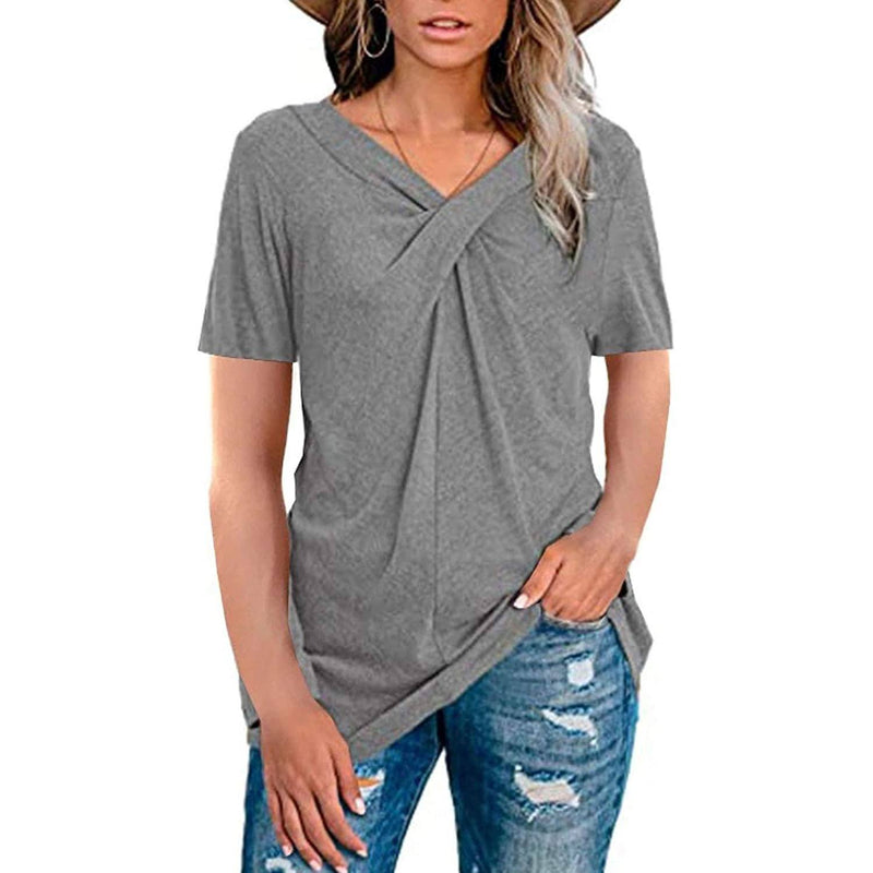 Women's Summer Shirts V Neck Short Sleeve Tops Cross Knot Women's Clothing Gray S - DailySale